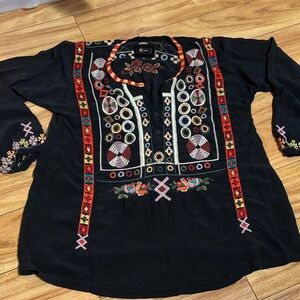 Johnny Was Biya Embroidered Black Boho Top